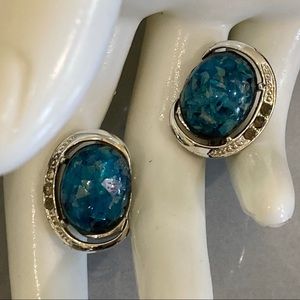 Vintage Blue Fractured Glass Cabochon Clip-On Earrings